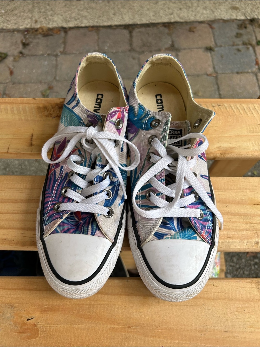 Converse Low Top Canvas Sneakers - White with Blue & Purple Tropical Print